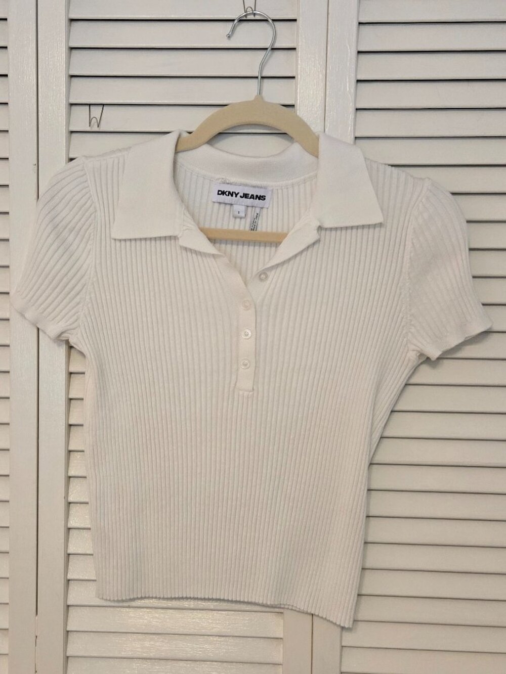 DKNY White Ribbed Cropped Polo Style Top - Size S